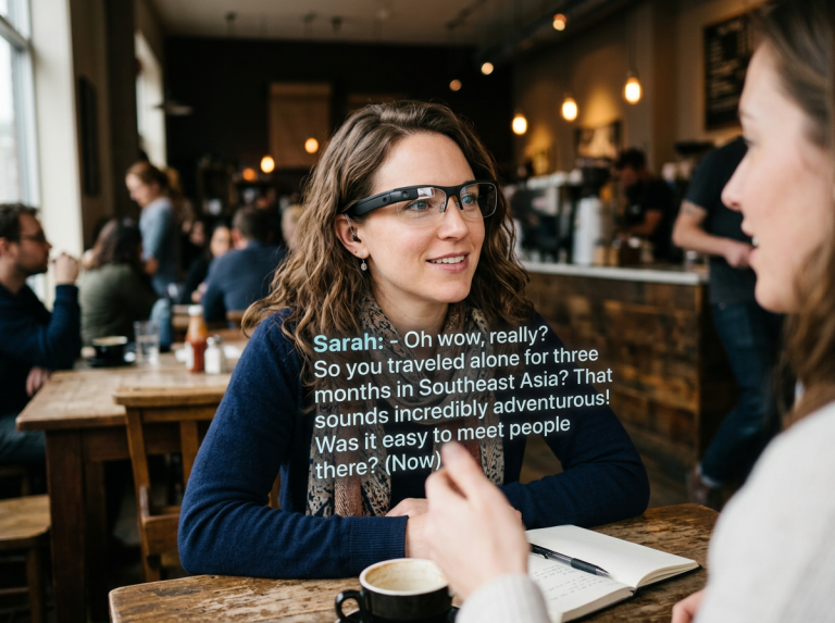 Woman wearing smart glasses displaying conversation text while talking to another woman in a café